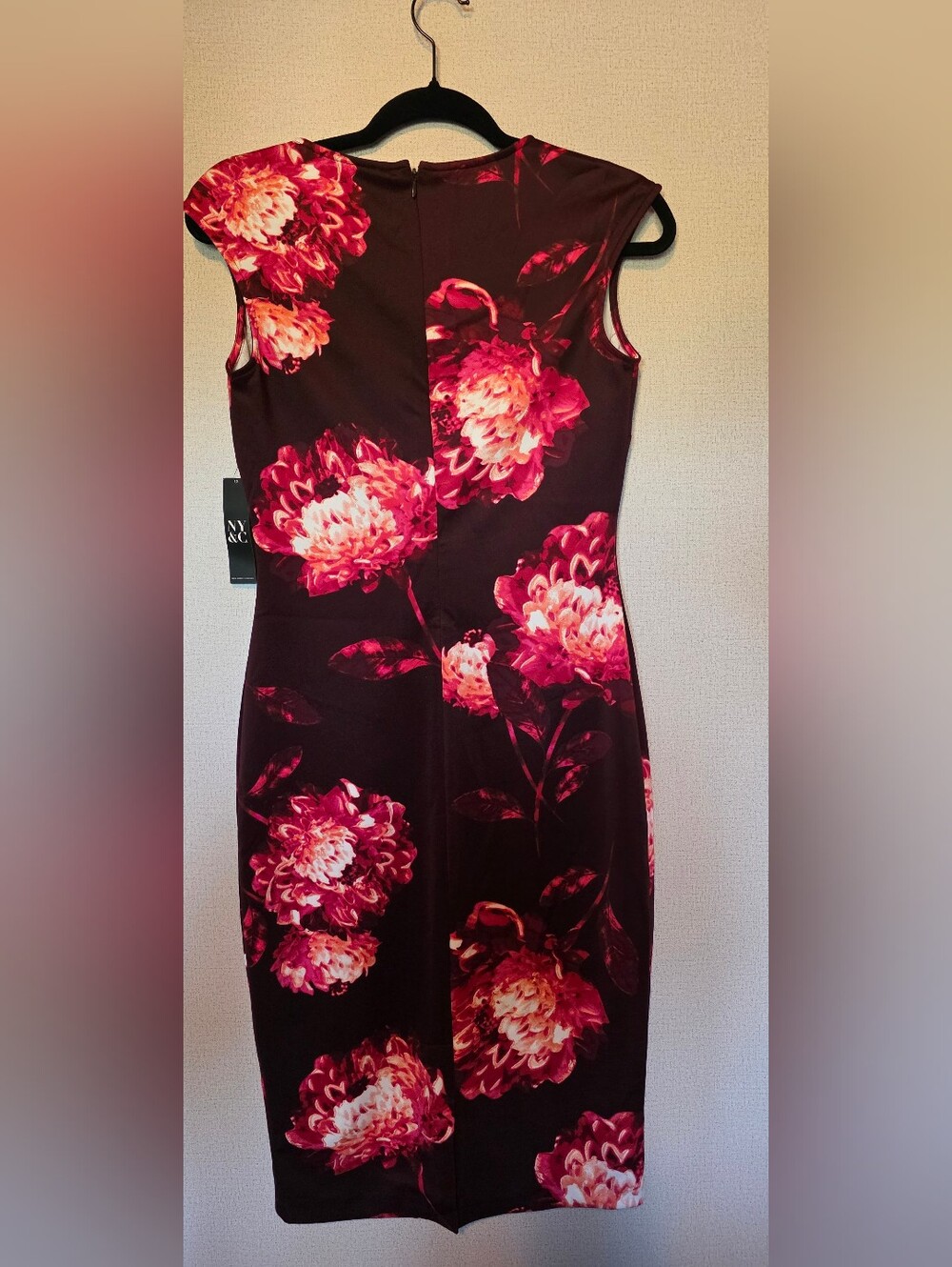 New York & Company Burgundy Midi Dress with Pink Floral Print - Picture 3 of 4